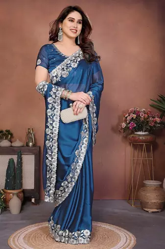 Blue silk blend embroidery saree whit blouse