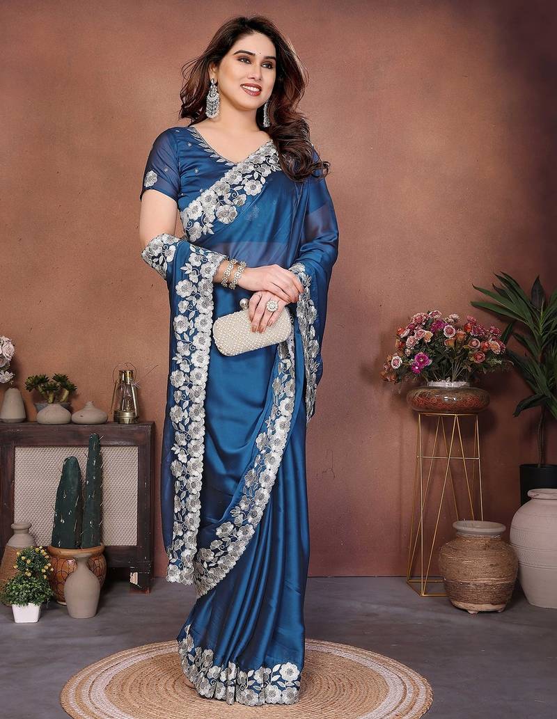 Blue silk blend embroidery saree whit blouse