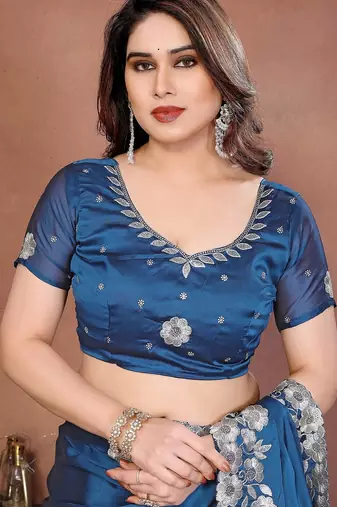 Blue silk blend embroidery saree whit blouse