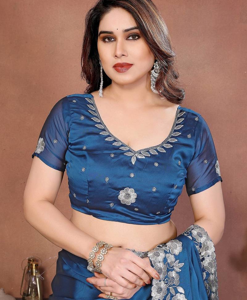Blue silk blend embroidery saree whit blouse