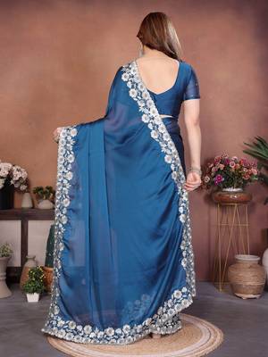 Blue silk blend embroidery saree whit blouse 5