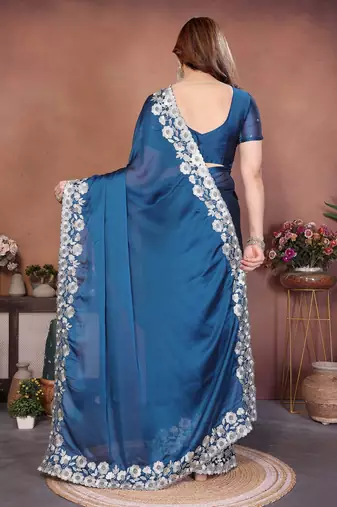 Blue silk blend embroidery saree whit blouse