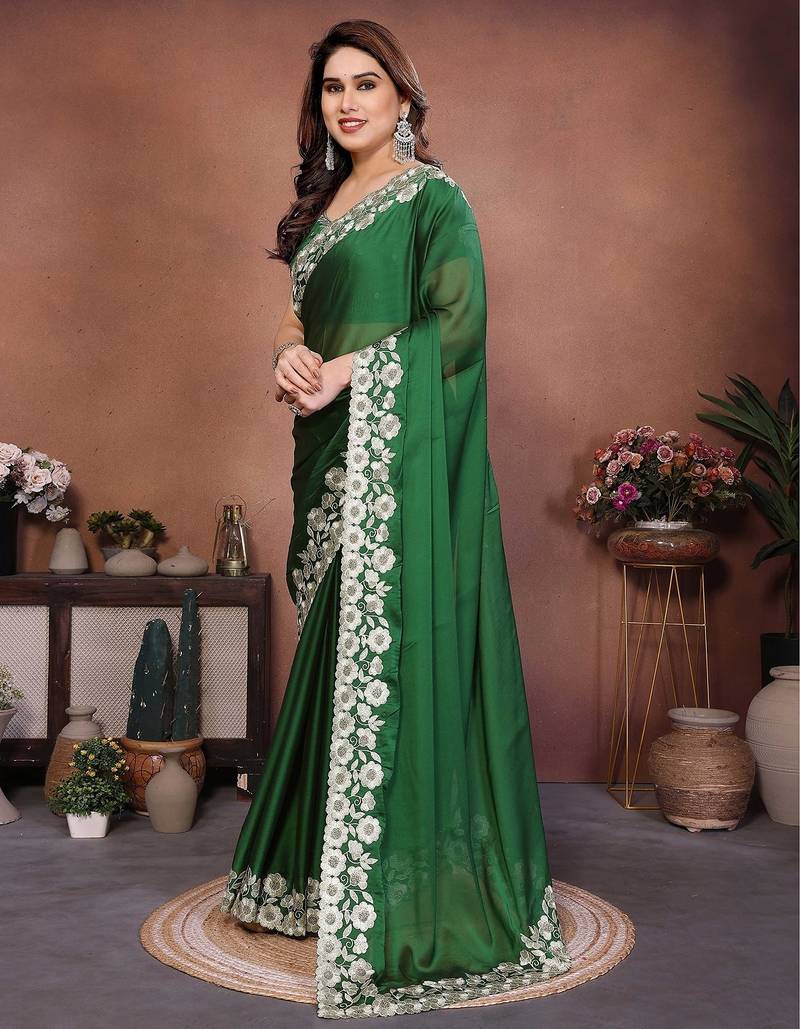 Green silk blend embroidery saree whit blouse