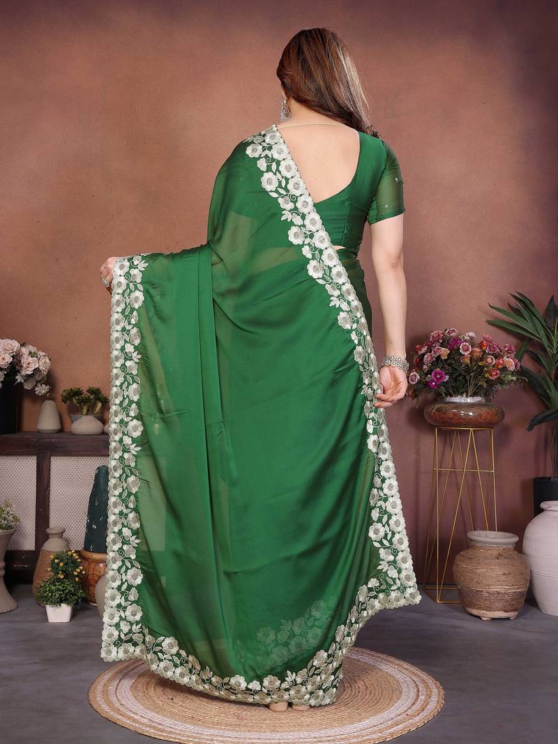 Green silk blend embroidery saree whit blouse