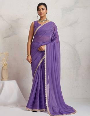 Purple georgette embroidery work lace border solid saree whit blouse 1