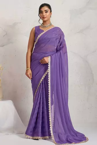 Purple georgette embroidery work lace border solid saree whit blouse
