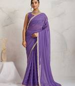 Purple georgette embroidery work lace border solid saree whit blouse
