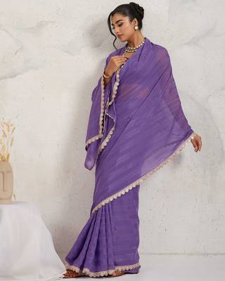 Purple georgette embroidery work lace border solid saree whit blouse 3