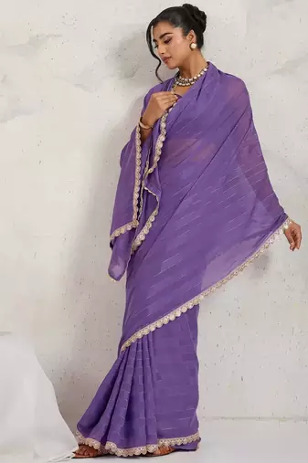 Purple georgette embroidery work lace border solid saree whit blouse