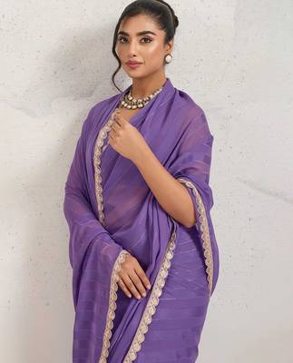 Purple georgette embroidery work lace border solid saree whit blouse 4