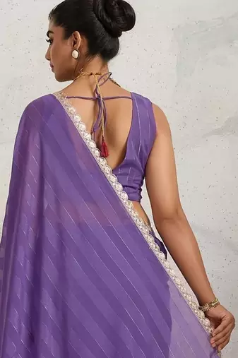 Purple georgette embroidery work lace border solid saree whit blouse