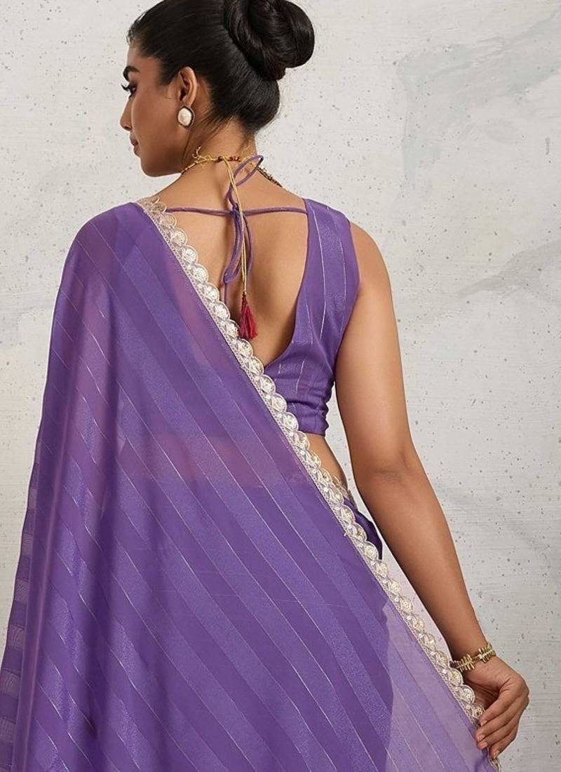 Purple georgette embroidery work lace border solid saree whit blouse