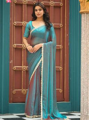Teal chiffon embroidery work lace border solid saree whit blouse 1