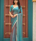 Teal chiffon embroidery work lace border solid saree whit blouse