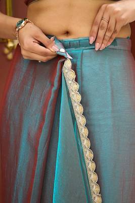 Teal chiffon embroidery work lace border solid saree whit blouse 3