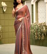 Brown chiffon embroidery work lace border solid saree whit blouse