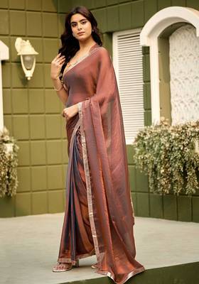 Brown chiffon embroidery work lace border solid saree whit blouse 2
