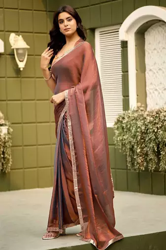 Brown chiffon embroidery work lace border solid saree whit blouse