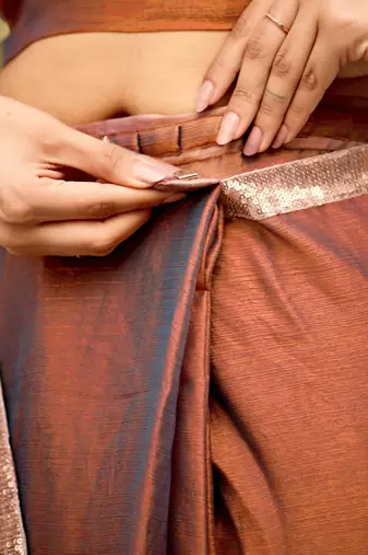 Brown chiffon embroidery work lace border solid saree whit blouse