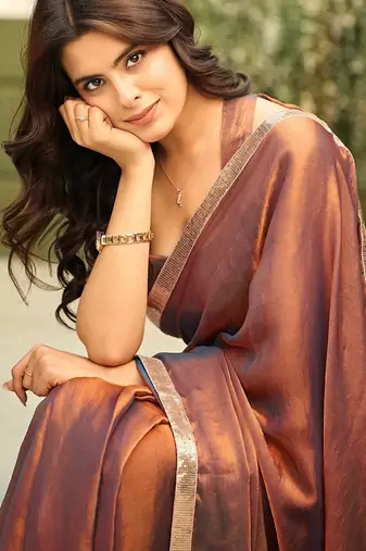 Brown chiffon embroidery work lace border solid saree whit blouse