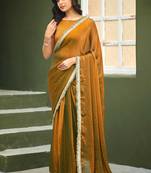 Gold chiffon embroidery work lace border solid saree whit blouse