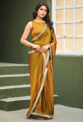 Gold chiffon embroidery work lace border solid saree whit blouse 4