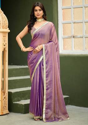 Lilac georgette embroidery work lace border solid saree whit blouse 1