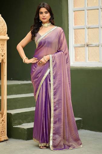 Lilac georgette embroidery work lace border solid saree whit blouse