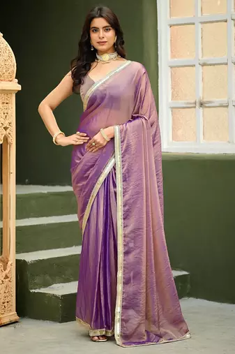 Lilac georgette embroidery work lace border solid saree whit blouse