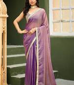 Lilac georgette embroidery work lace border solid saree whit blouse