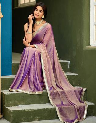 Lilac georgette embroidery work lace border solid saree whit blouse 2
