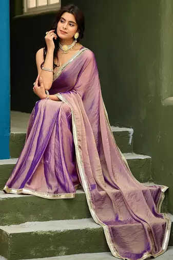Lilac georgette embroidery work lace border solid saree whit blouse