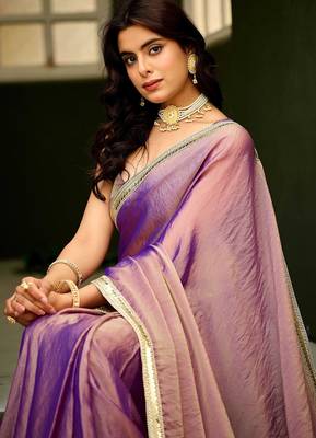 Lilac georgette embroidery work lace border solid saree whit blouse 4