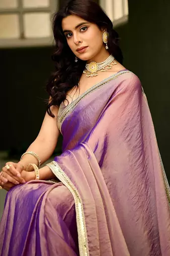 Lilac georgette embroidery work lace border solid saree whit blouse
