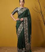 Green silk blend printed woven design saree whit blouse