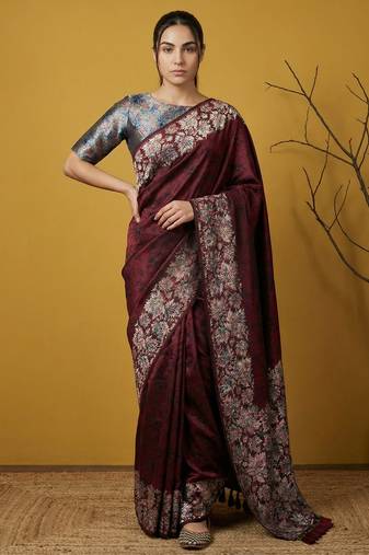 Maroon silk blend printed woven design saree whit blouse