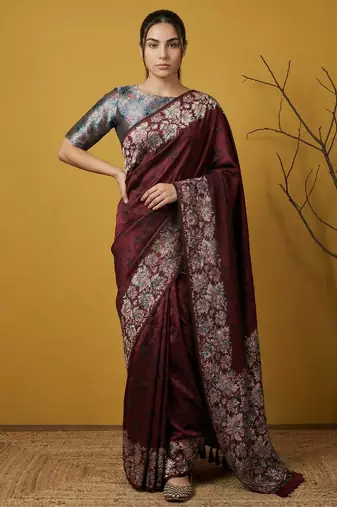 Maroon silk blend printed woven design saree whit blouse