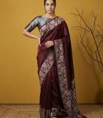 Maroon silk blend printed woven design saree whit blouse
