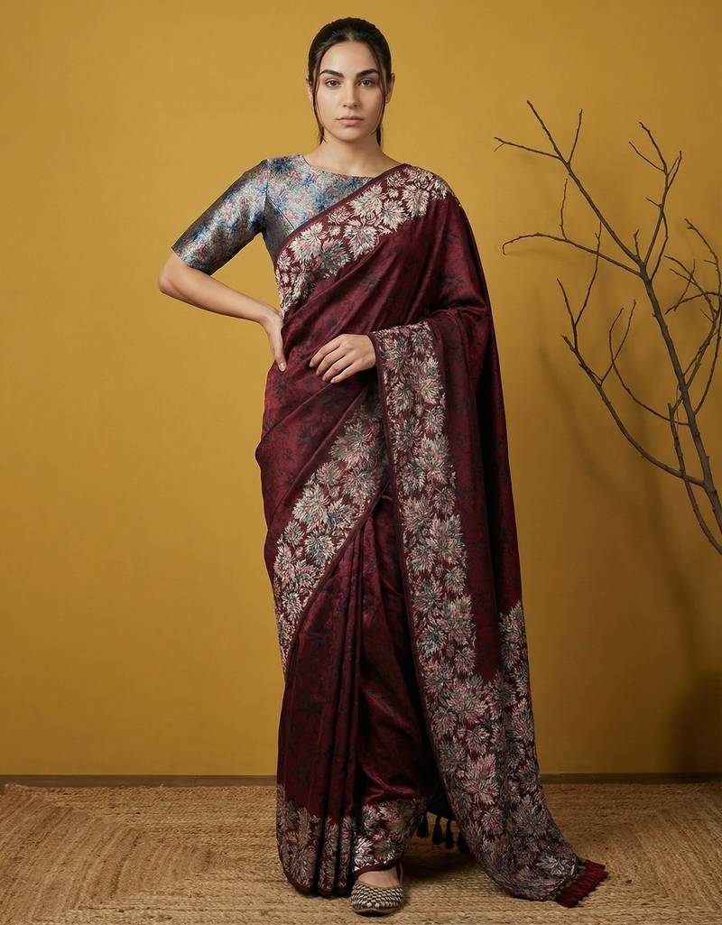 Maroon silk blend printed woven design saree whit blouse