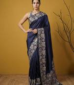 Navy blue silk blend printed woven design saree whit blouse