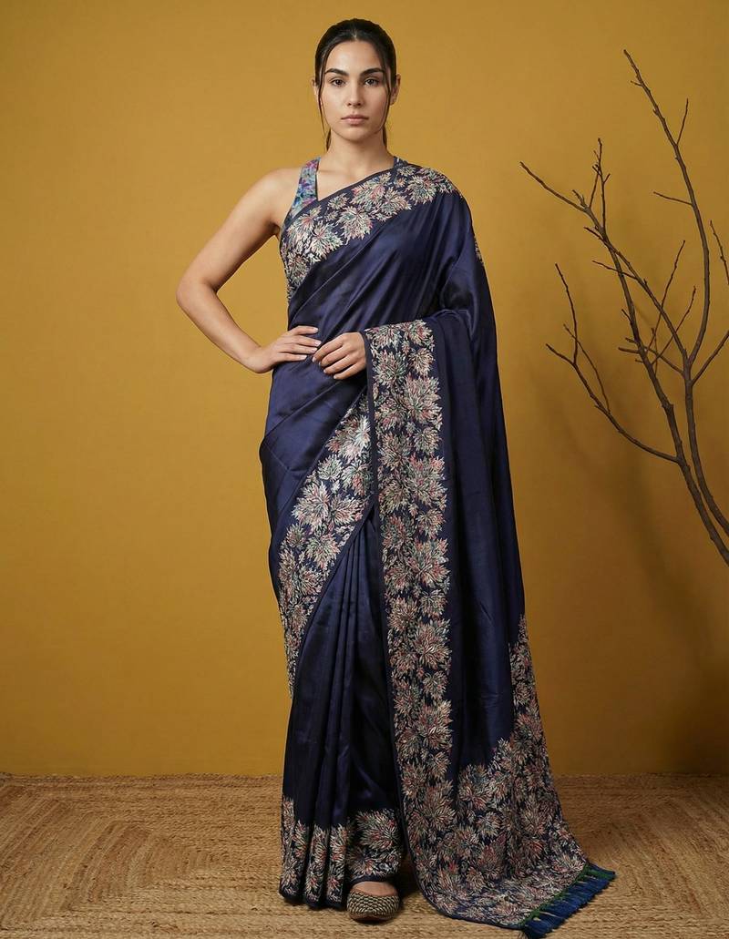 Navy blue silk blend printed woven design saree whit blouse