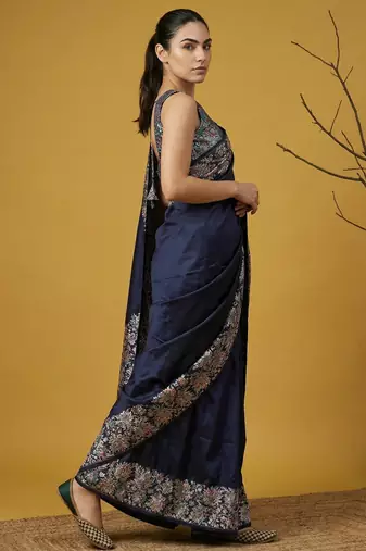 Navy blue silk blend printed woven design saree whit blouse