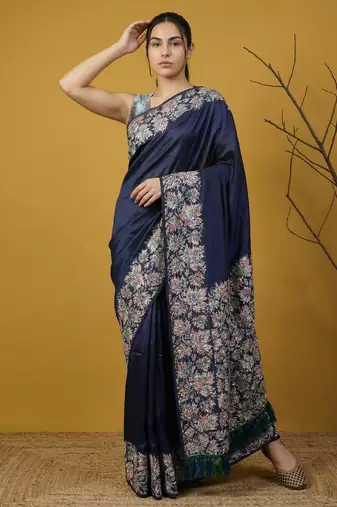 Navy blue silk blend printed woven design saree whit blouse