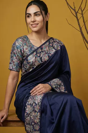 Navy blue silk blend printed woven design saree whit blouse