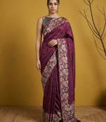 Wine silk blend printed woven design saree whit blouse