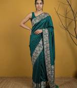 Teal silk blend printed woven design saree whit blouse