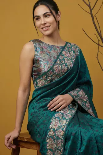 Teal silk blend printed woven design saree whit blouse