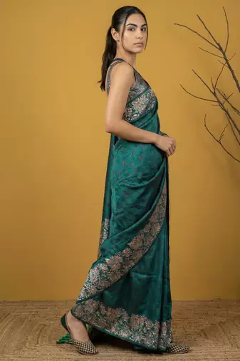 Teal silk blend printed woven design saree whit blouse