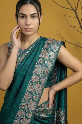Teal silk blend printed woven design saree whit blouse
