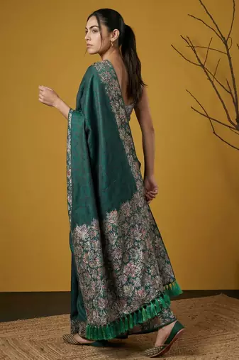 Teal silk blend printed woven design saree whit blouse